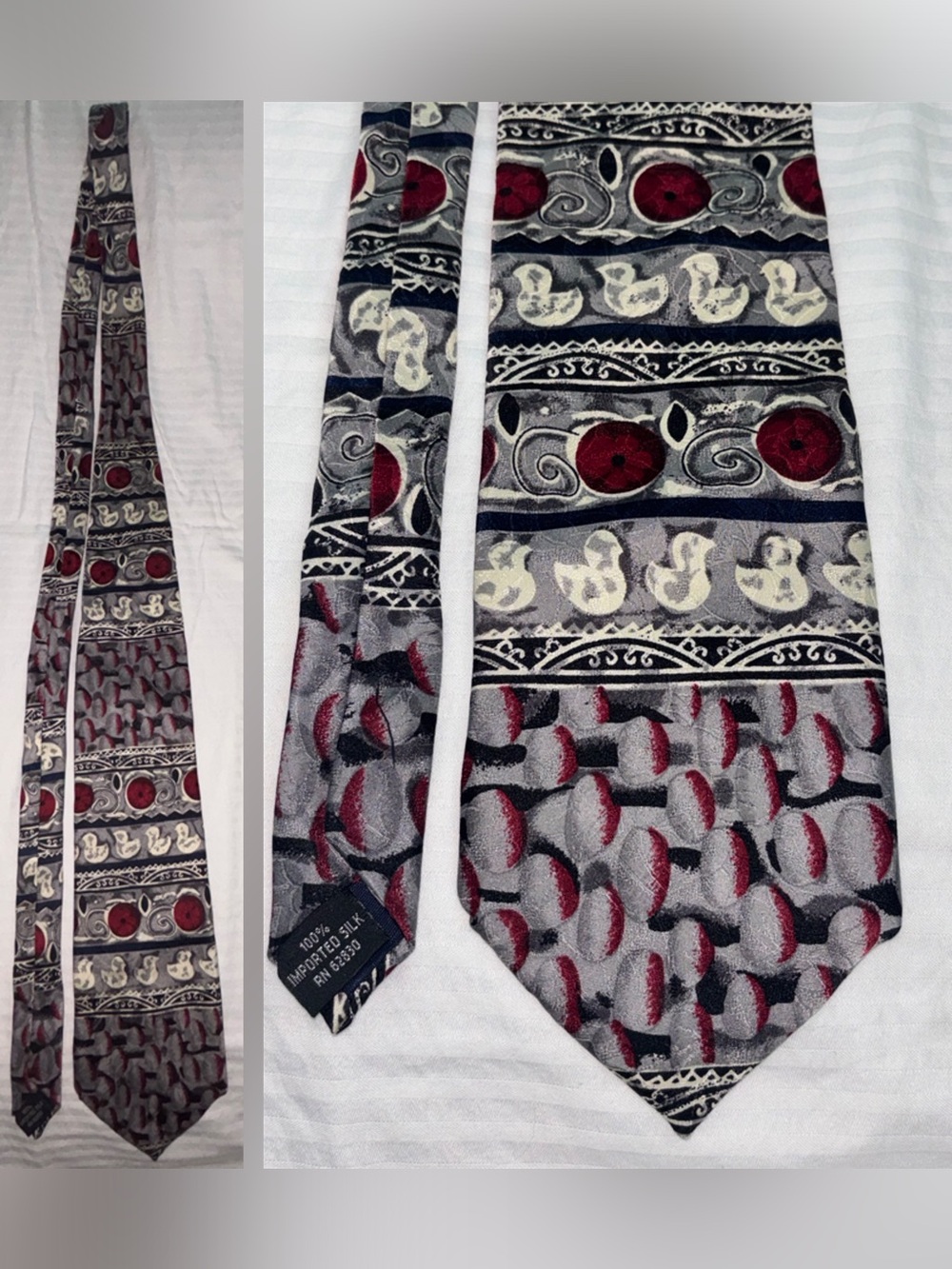 J GARCIA Gray, Maroon, White Ducks 100% Silk Great Condition O/S